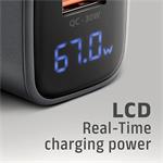 Sieťová nabíjačka AXAGON ACU-PQ67D GaN 67 W, USB-A + USB-C, PD3.0/PPS/QC4+/SFC2.0/Apple, LCD displej