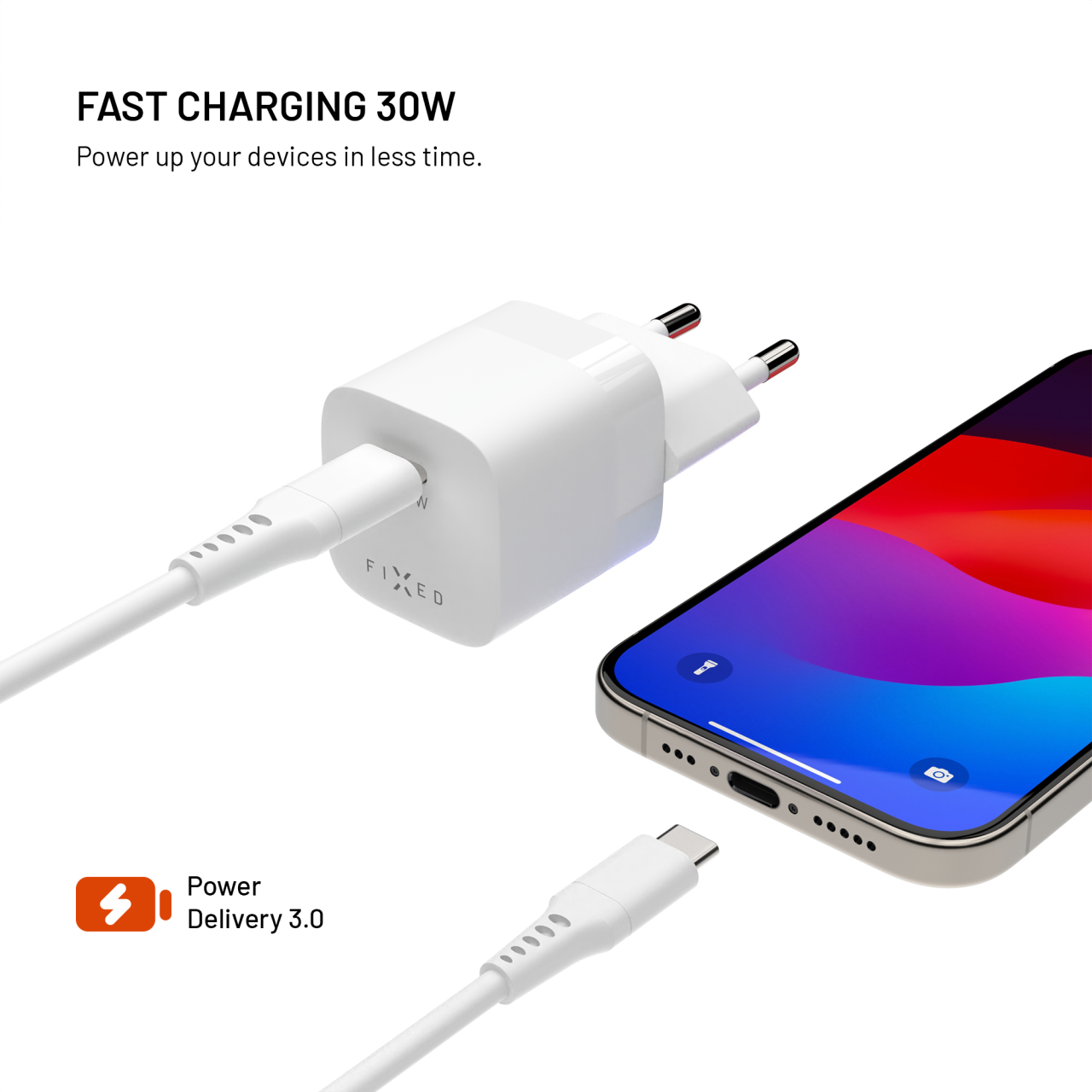 Sieťová nabíjačka FIXED Mini GaN s výstupom USB-C a podporou PD, 30 W, biela