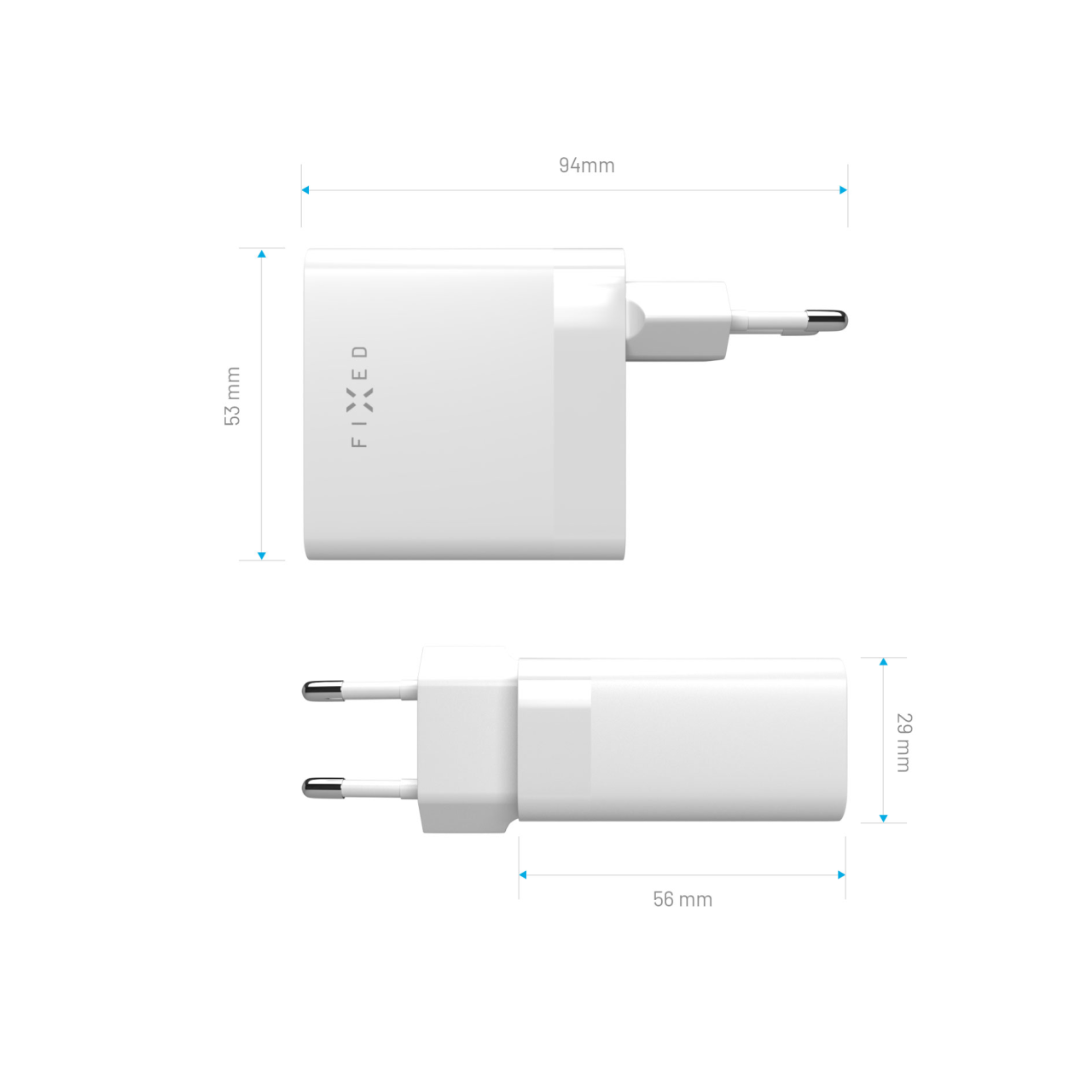 Sieťová nabíjačka FIXED s výstupom 2x USB-C, podpora PD, 65 W, biela