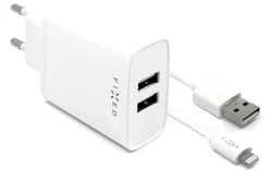 Sieťová nabíjačka FIXED s výstupom 2xUSB a káblom USB/Lightning, 1 m, certifikácia MFI, 15W Smart Rapid Charge, biela