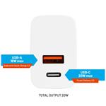 Sieťová nabíjačka FIXED s výstupom USB-C a USB, podpora PD a QC 3.0, 20 W, biela
