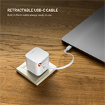 Síťová GaN nabíječka FIXED s 2xUSB-C, PD 3.0, samonavíjecí kabel, 65W, bílá