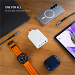 Síťová GaN nabíječka FIXED s 3xUSB-C a USB, podpora PD 3.0, 120W, bílá