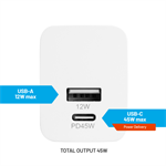 Síťová nabíječka FIXED Mini s USB-C a USB výstupem, podpora PD, 45W, bílá