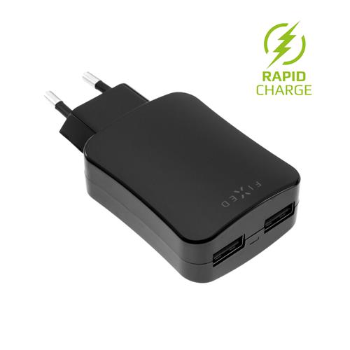 Síťová nabíječka FIXED s 2xUSB výstupem, 24W (2x2,4A), černá