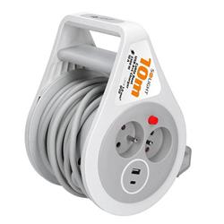 Solight bubnový predlžovací kábel 10 m, USB A+C, 2 zásuvky, sivý kábel, 3x 1,0 mm2