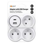 Solight hub, 3x 16A, USB nabíjačka A+C, bielo-sivá