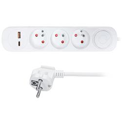 Solight predlžovací kábel 3 zásuvky, USB A+C 20W PD, 2 m, 3 x 1 mm2, biely, vypínač