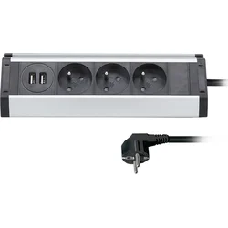 Solight prodlužovací přívod, 3 zásuvky + 2X USB, 1,5m, 3 x 1mm2, hliník, rohový design