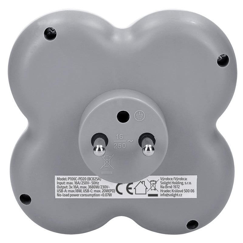 Solight rozbočka, 3x 16A, USB A+C rychlonabíječka 20W PD, bílá-šedá