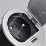 Solight USB vstavaná zásuvka s krytkou, 1 zásuvka, plast, dĺžka 1,5m, 3x 1mm2, USB 2100mA, strieborná