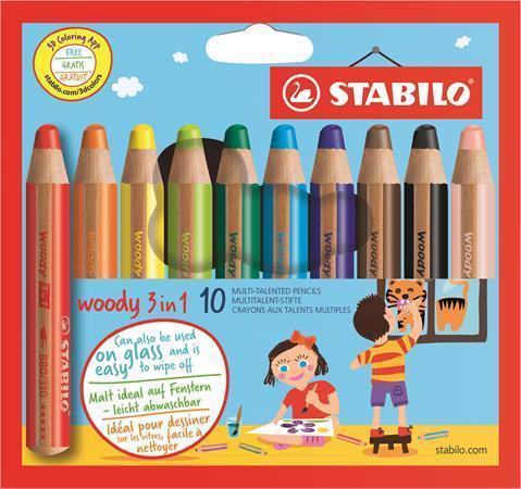 STABILO Barevné pastelky "Woody", 10ks, 3v1 – pastelka, vodovka, voskovka,  STABILO