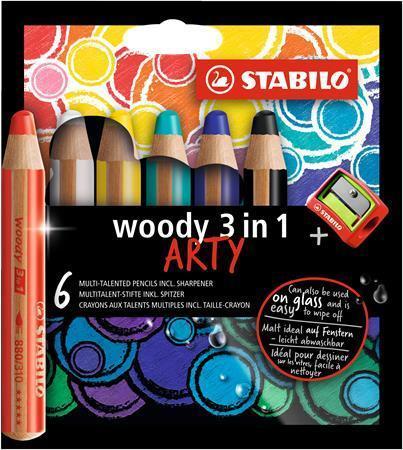 STABILO Farebné ceruzky "Woody ARTY 3 v 1", 6 rôznych farieb, okrúhle, hrubé