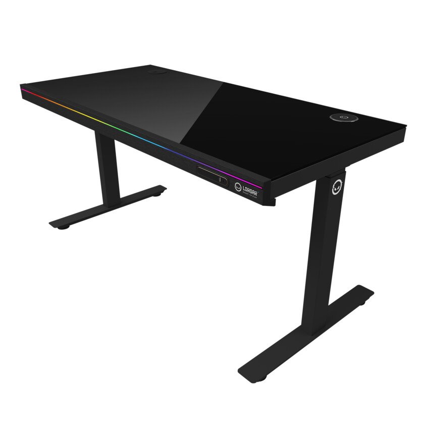 Stôl LORGAR s nastaviteľnou výškou, bezdrôtovou nabíjačkou, osvetlením RGB a portami USB, tvrdené sklo, čierny