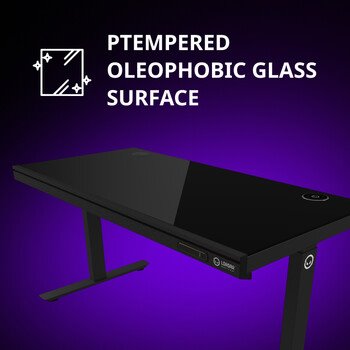Stôl LORGAR s nastaviteľnou výškou, bezdrôtovou nabíjačkou, osvetlením RGB a portami USB, tvrdené sklo, čierny