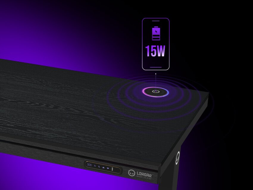Stôl LORGAR s nastaviteľnou výškou, bezdrôtovou nabíjačkou, osvetlením RGB a portami USB, tvrdené sklo, čierny
