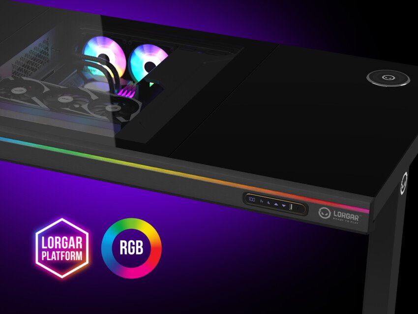 Stôl LORGAR s nastaviteľnou výškou, vstavanou skrinkou na PC, bezdrôtovou nabíjačkou, portami RGB a USB, drevenou doskou