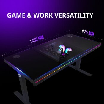 Stôl LORGAR s nastaviteľnou výškou, vstavanou skrinkou na PC, bezdrôtovou nabíjačkou, portami RGB a USB, drevenou doskou
