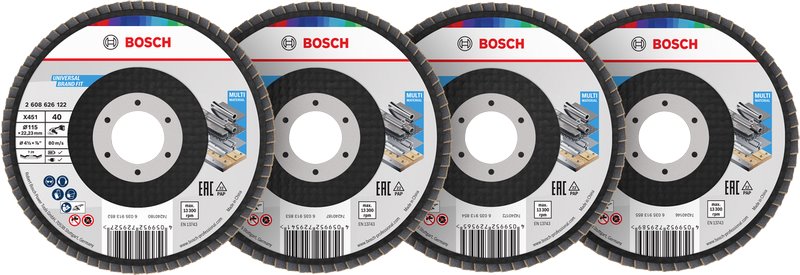 Súprava brúsnych kotúčov BOSCH X451, 115 × 22,23 mm, G40; 60; 80; 120, T29, 15 ks (2.608.626.161)