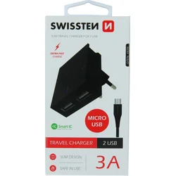 Swissten adaptér Smart IC 2× USB 3A + Micro USB kabel, černý  