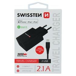 Swissten adaptér Smart IC 2× USB + Lightning MFi, černý  