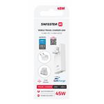 Swissten Cestovní adaptér GaN USB-C + USB-A 45W výměnné vidlice (US, EU, UK), bílý