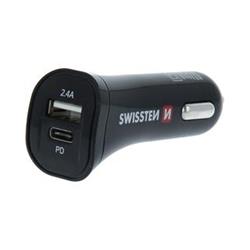 SWISSTEN CL USB auto adaptér 1xUSB a 1x USB C 2,4A, kabel Micro USB, černý