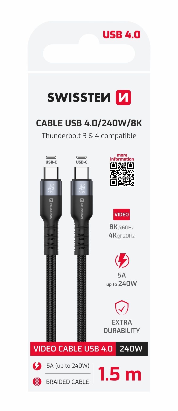 Swissten Datový video kabel USB 4.0, USB-C, 240 W, 8K@60 Hz, 40 Gb/s, TB3 & TB4, 1,5 m, černý