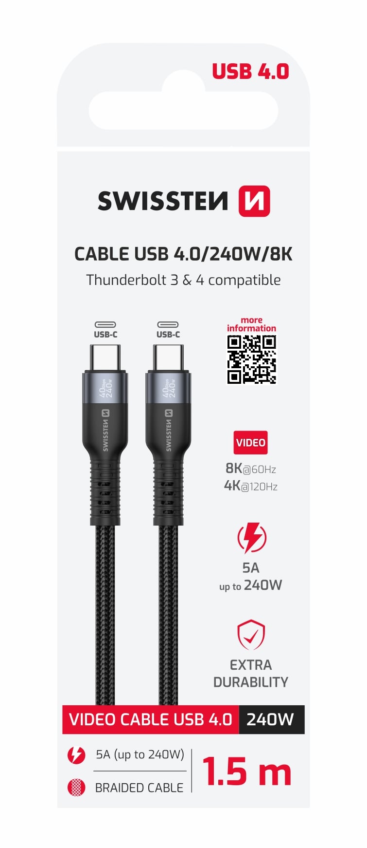Swissten Datový video kabel USB 4.0, USB-C, 240 W, 8K@60 Hz, 40 Gb/s, TB3 & TB4, 1,5 m, černý