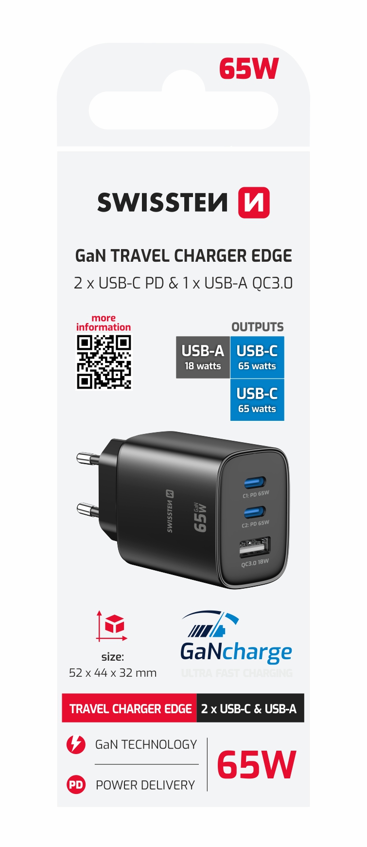 Swissten Edge GaN adaptér 65 W, černý