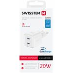 Swissten GaN adaptér 2× USB-C 20 W, biely  