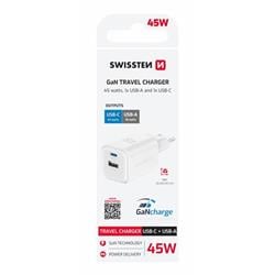 Swissten GaN adaptér 45W + USB-A, bílý  