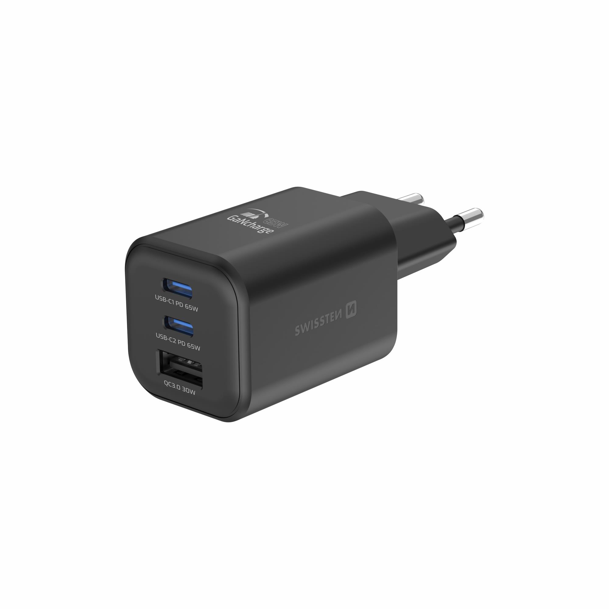 Swissten GaN adaptér 65W (2× USB-C + USB-A), černý