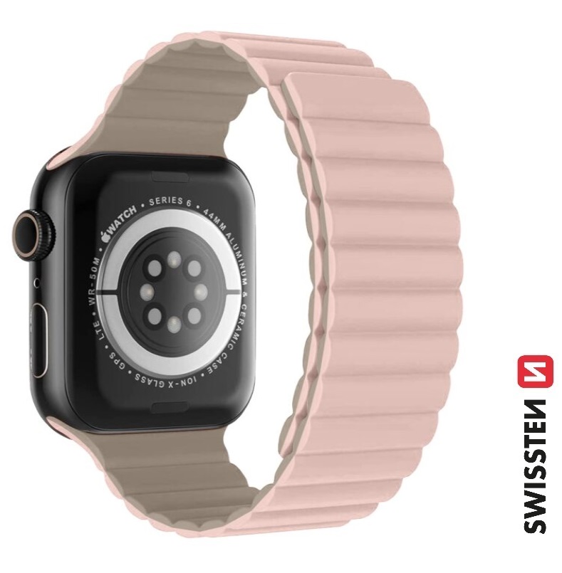 Swissten Magnetic silikonový řemínek pro Apple Watch 42/44/45/49 mm, růžová/cappuccino