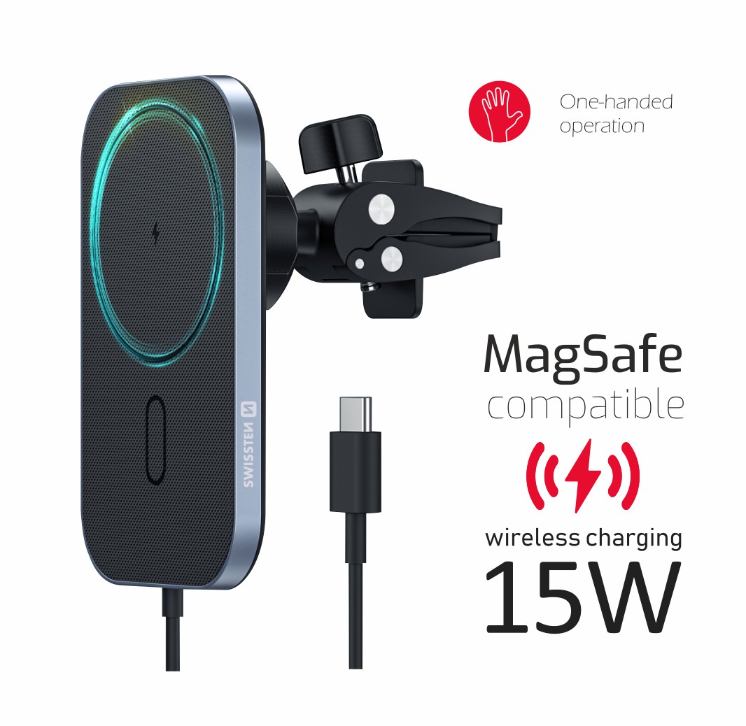 SWISSTEN MAGNETICKÝ DRŽÁK DO VENTILACE AUTA S BEZDRÁTOVÝM NABÍJENÍM 15W (kompatibilní s MagSafe)