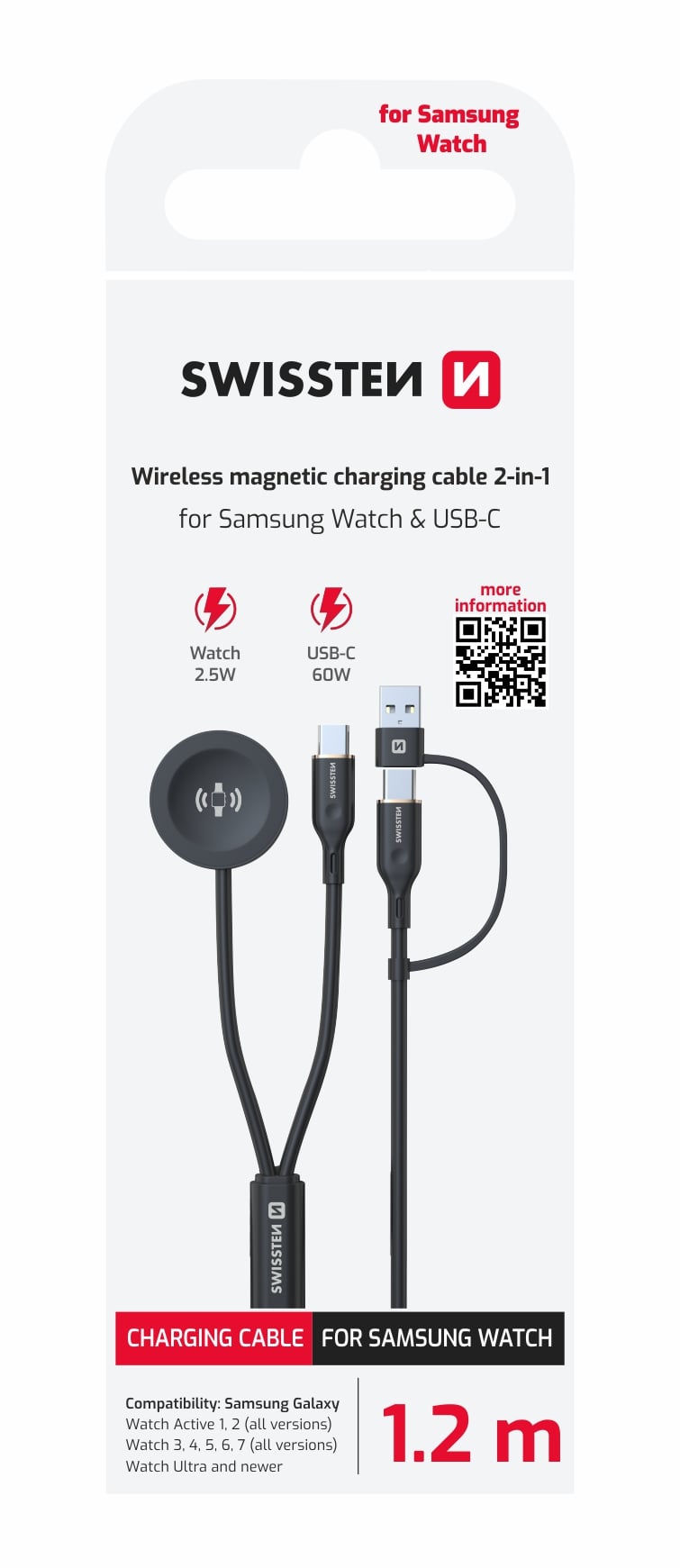 Swissten magnetický kabel 2v1 pro Galaxy Watch a USB-C, 1,2m, černý