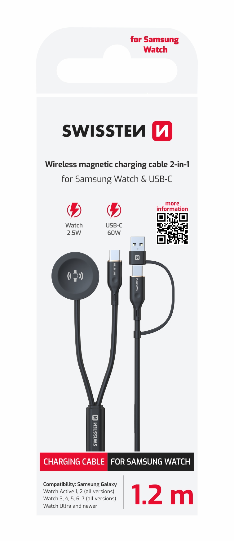 Swissten magnetický kabel 2v1 pro Galaxy Watch a USB-C, 1,2m, černý