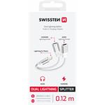 Swissten Nabíjecí audio adaptér Textile Lightning (samec) / 2× Lightning (samice) 0,12m, bílý