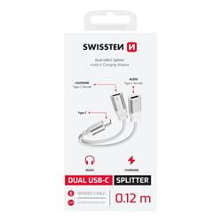 Swissten Nabíjecí audio adaptér Textile USB-C (samec) / 2× USB-C (samice) 0,12m, bílý