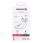 Swissten Nabíjecí audio adaptér Textile USB-C (samec) / USB-C (samice) + 3,5mm AUX 0,12m, bílý