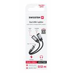 Swissten Nabíjecí audio adaptér Textile USB-C (samec) / USB-C (samice) + 3,5mm AUX 0,12m, černý