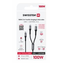 Swissten Nabíjecí kabel 2v1 100W USB-C / USB-C + Lightning 1,5m, černý