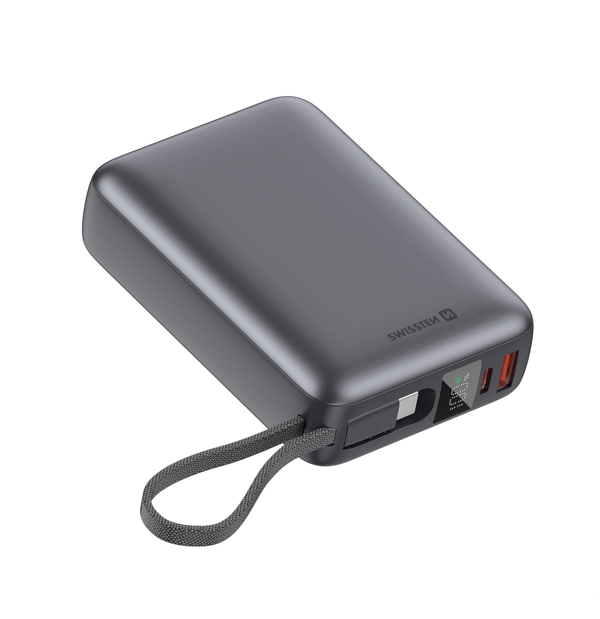 SWISSTEN POWER BANK 20000 mAh 45W S INTEGROVANÝM KABELEM USB-C VESMÍRNĚ STŘÍBRNÁ