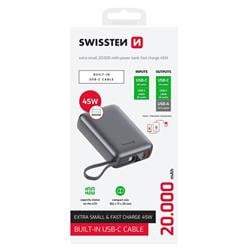 SWISSTEN POWER BANK 20000 mAh 45W S INTEGROVANÝM KÁBLOM USB-C ABSOLÚTNE STRIEBORNÝ