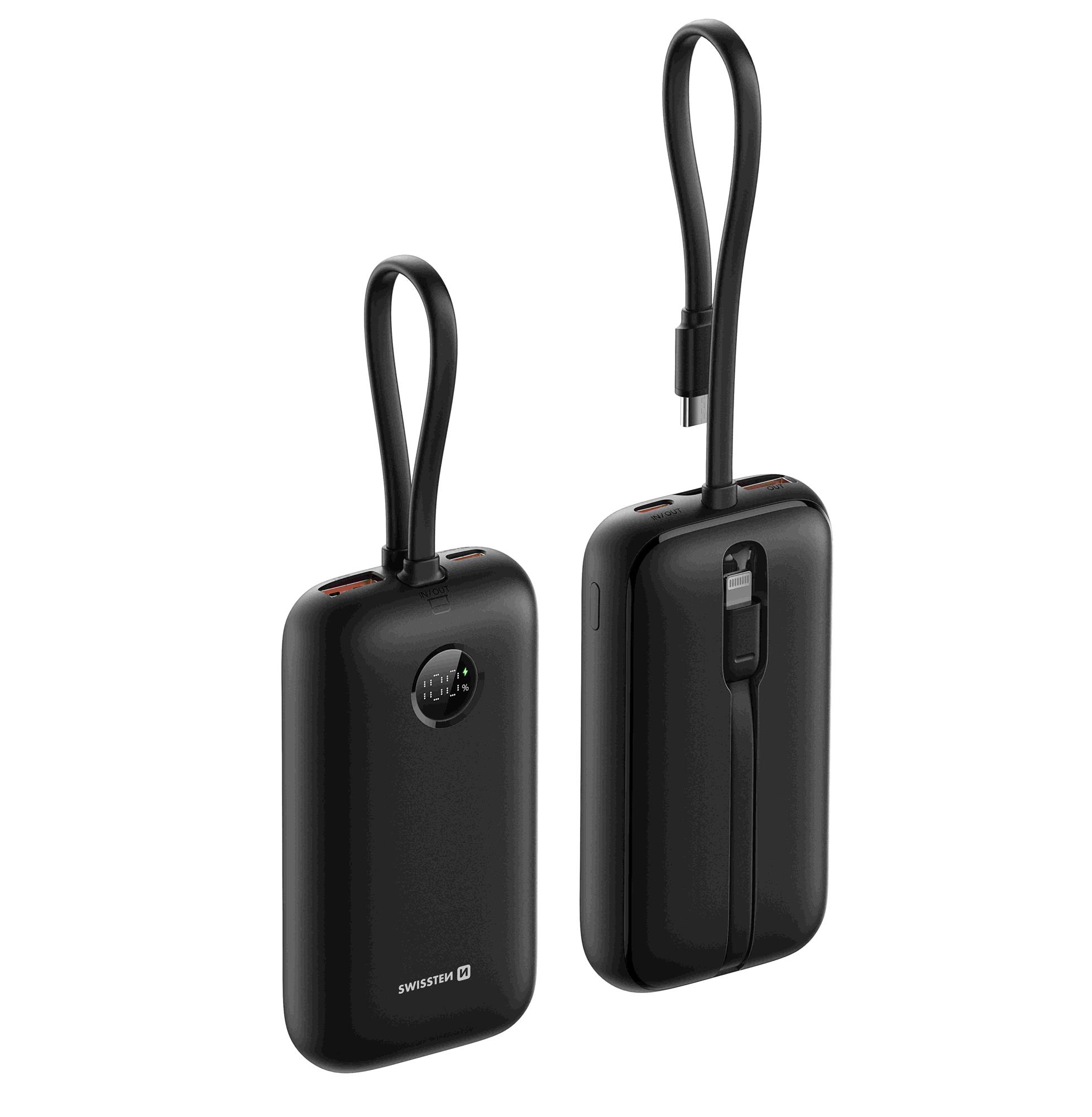 SWISSTEN POWER BANK VOLTBOX 35W 10000 mAh S INTEGROVANÝM USB-C A SVETELNÝMI KÁBLAMI ČIERNA