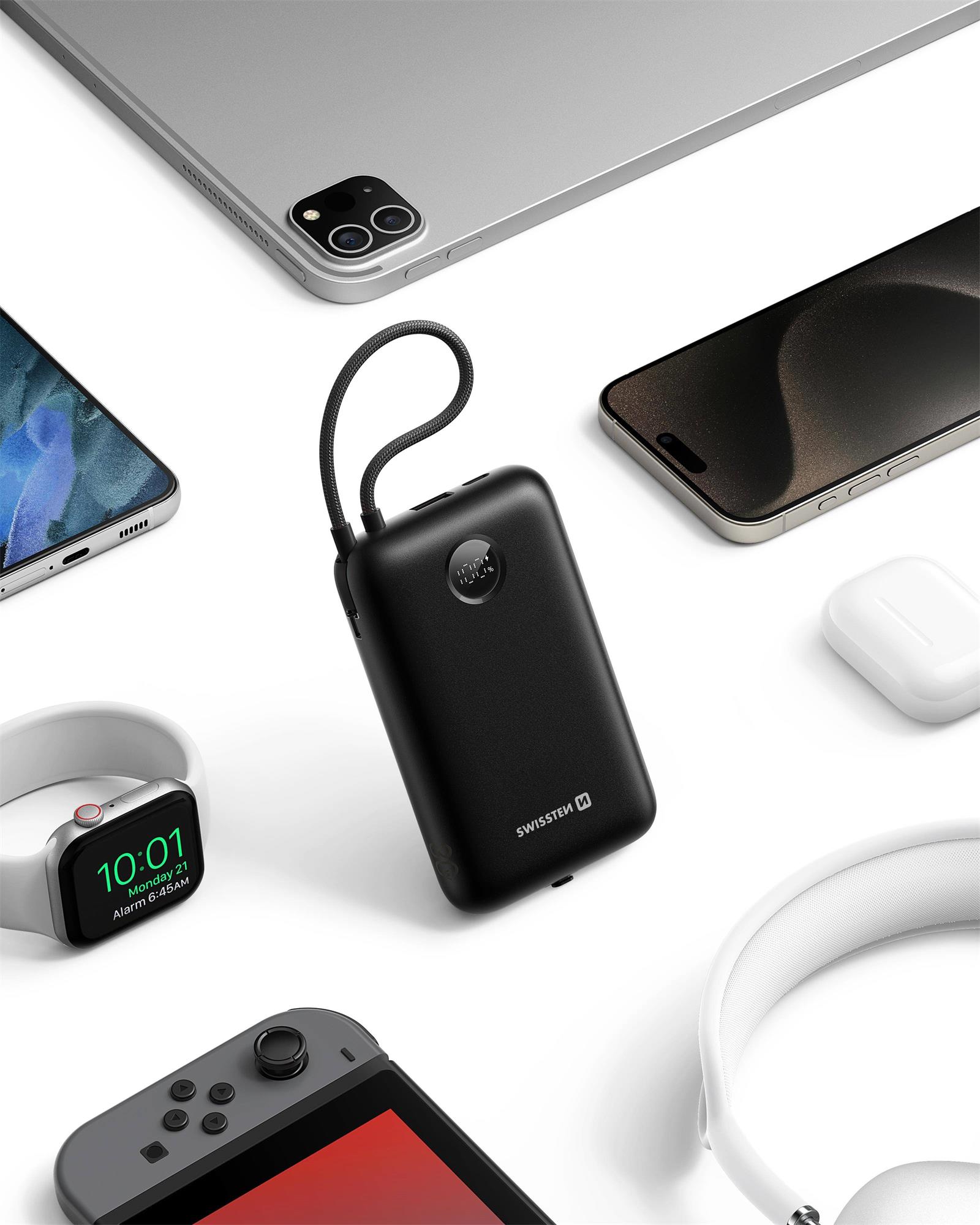 SWISSTEN POWER BANK VOLTBOX 35W 20000 mAh S INTEGROVANÝM USB-C A SVETELNÝMI KÁBLAMI ČIERNA