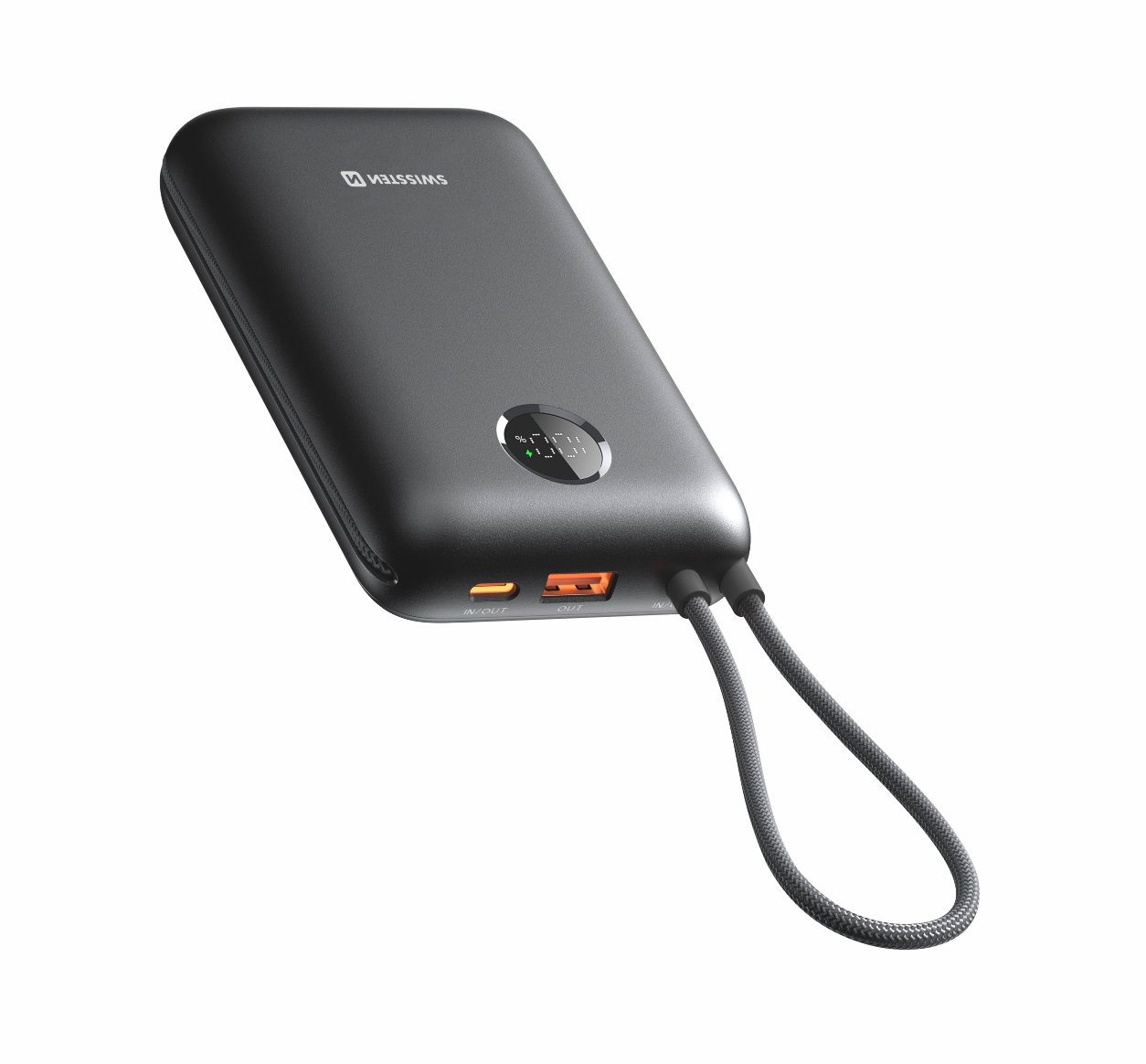 SWISSTEN POWER BANK VOLTBOX 35W 20000 mAh S INTEGROVANÝM USB-C A SVETELNÝMI KÁBLAMI ČIERNA