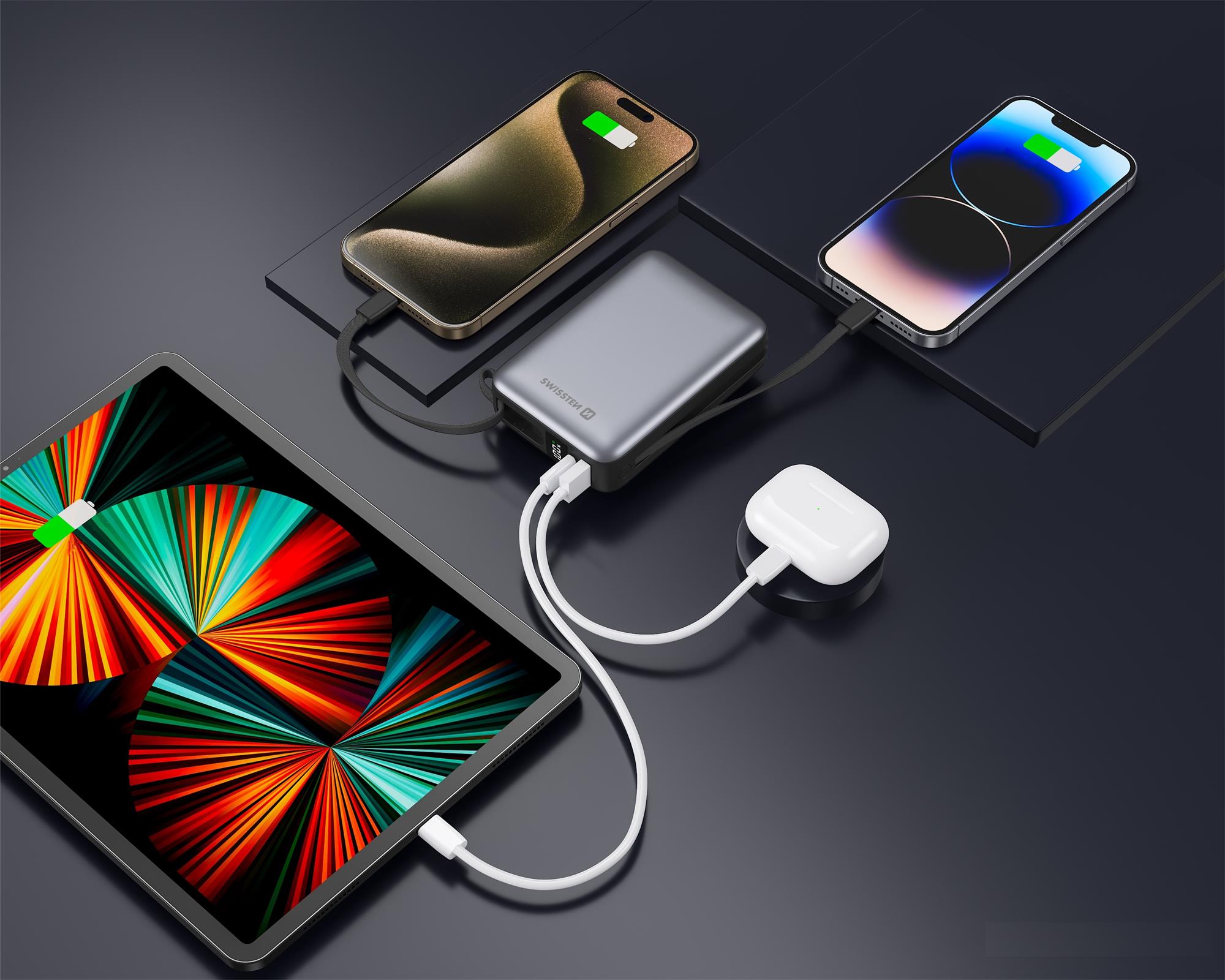 Swissten powerbanka 20000 mAh s kabely, stříbrná