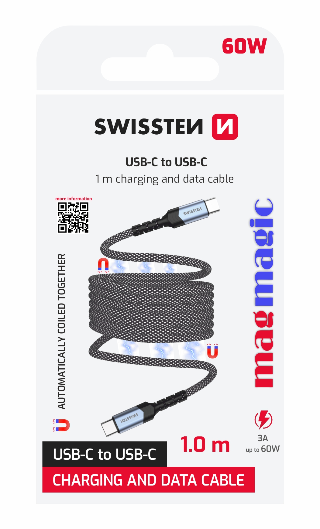 Swissten samonavíjací magnetický kábel USB-C/USB-C, 1 m