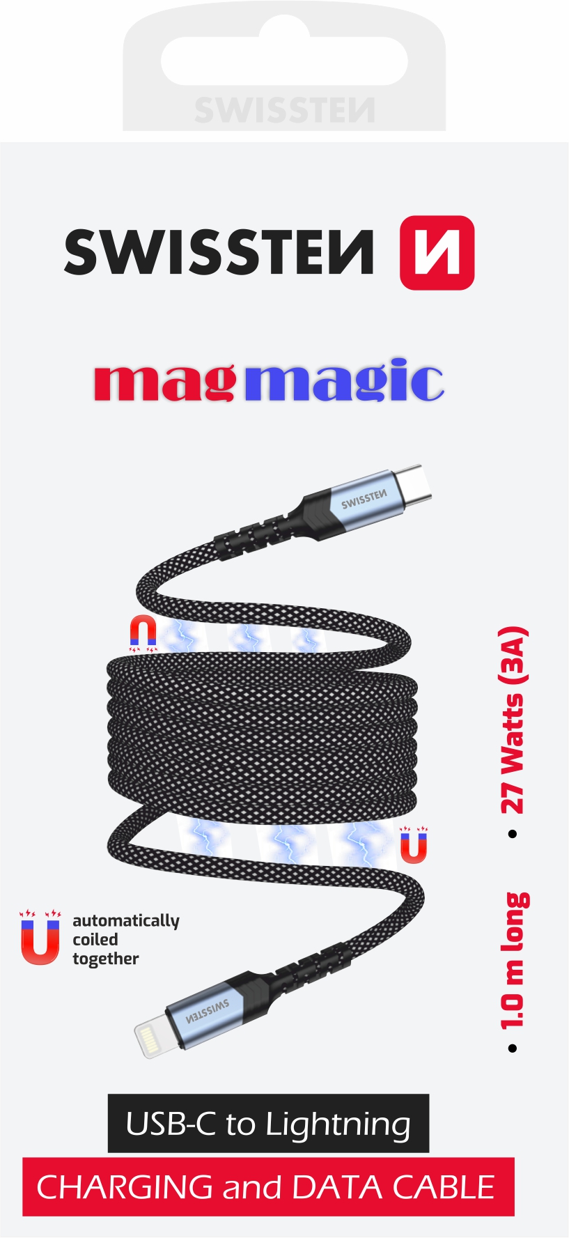 Swissten samonavíjecí magnetický kabel USB-C/Lightning 1m